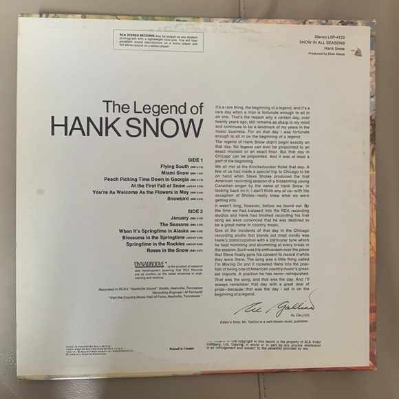 HANK SNOW - Snow In All Seasons LP ORIG RCA LSP-4122 Near Mint - Picture 2 of 2